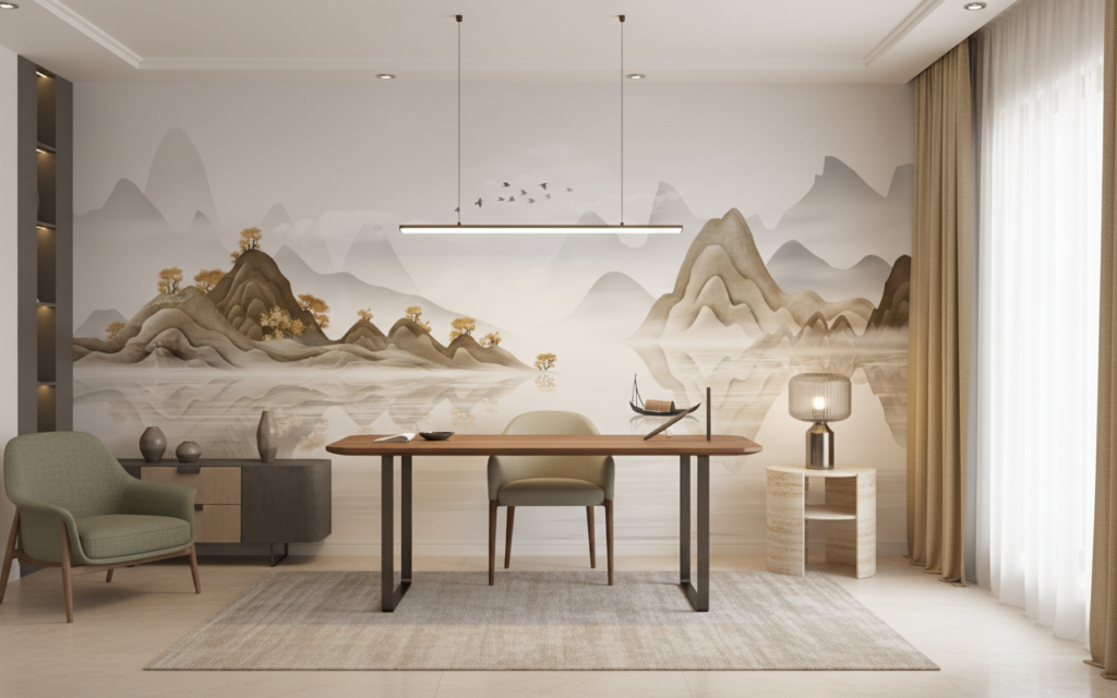 Paysage Chinois Traditionnel avec Montagnes et Lac Paisible - Bureau