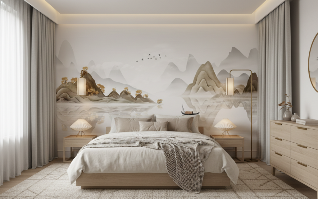Paysage Chinois Traditionnel avec Montagnes et Lac Paisible - Chambre adulte