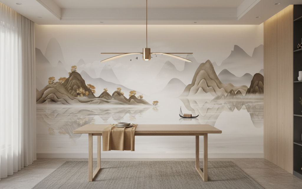 Paysage Chinois Traditionnel avec Montagnes et Lac Paisible - Salle à manger