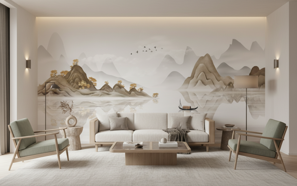 Paysage Chinois Traditionnel avec Montagnes et Lac Paisible - Salon / Séjour