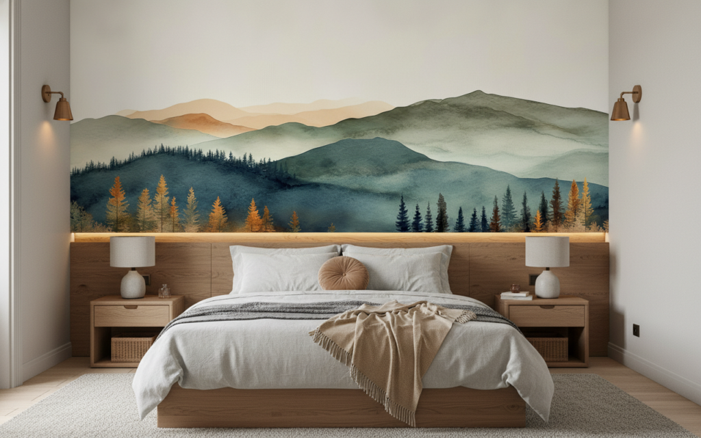 Paysage de montagnes et forêt d'automne aux teintes aquarelle - Chambre adulte