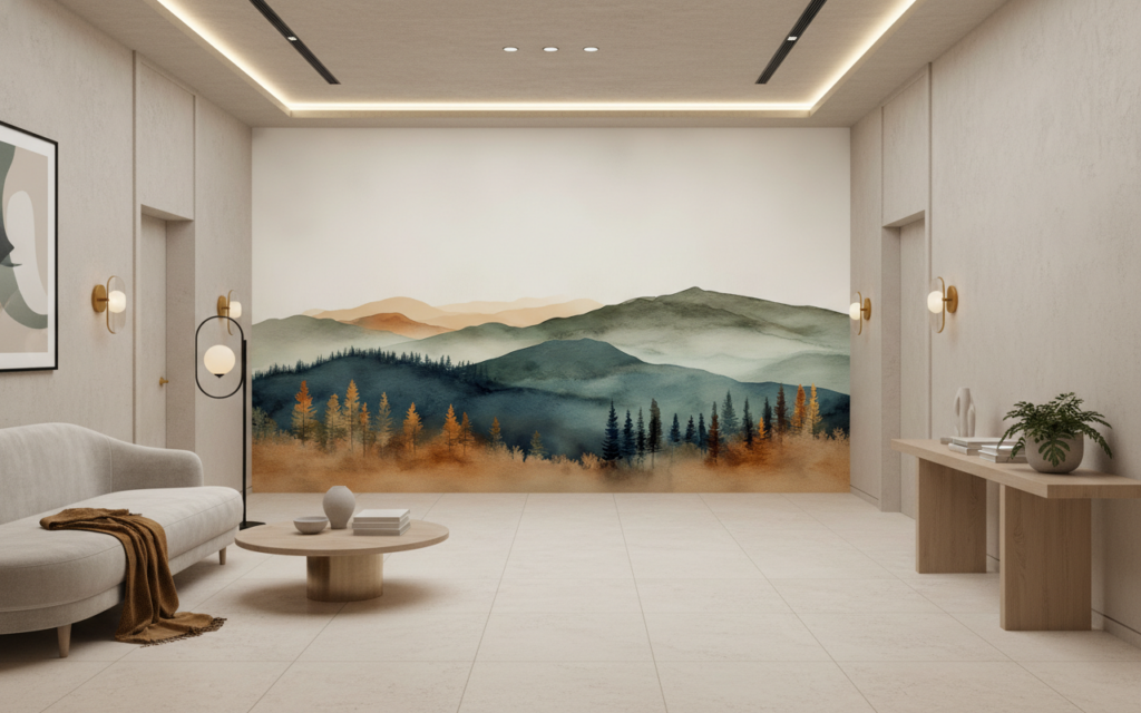 Paysage de montagnes et forêt d'automne aux teintes aquarelle - Hôtel