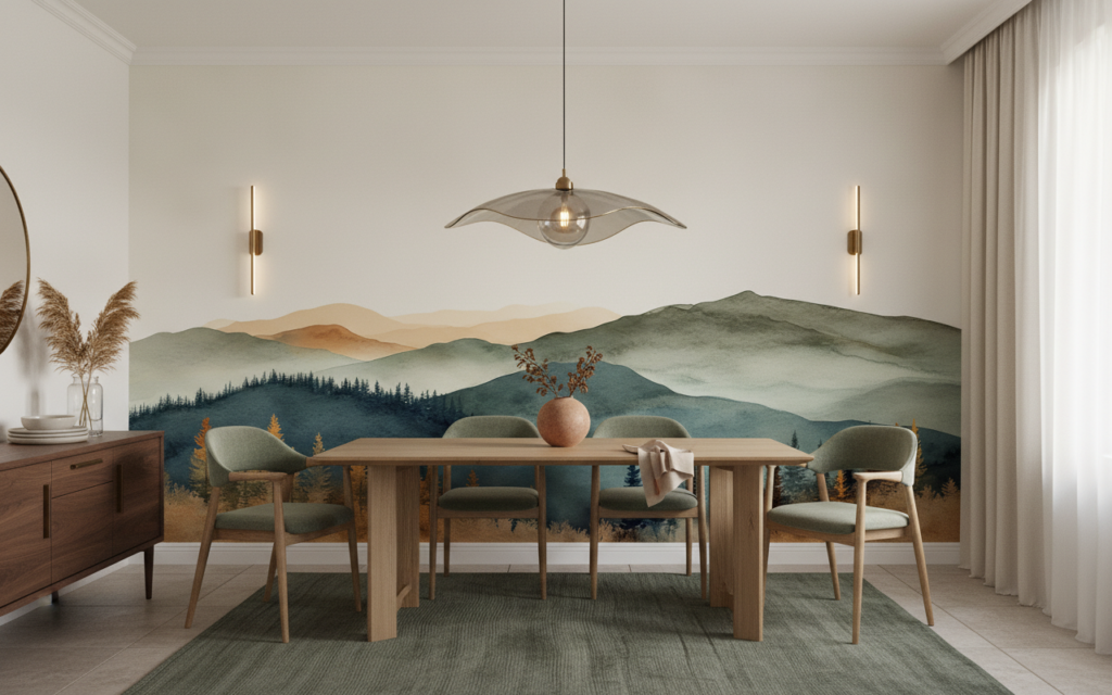 Paysage de montagnes et forêt d'automne aux teintes aquarelle - Salle à manger
