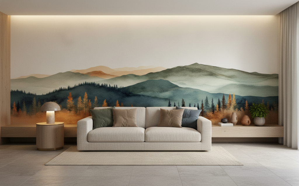 Paysage de montagnes et forêt d'automne aux teintes aquarelle - Salon / Séjour