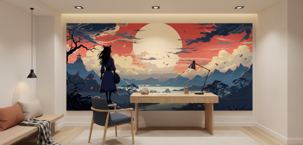 Paysage japonais coucher de soleil avec personnage traditionnel contemplant - Bureau