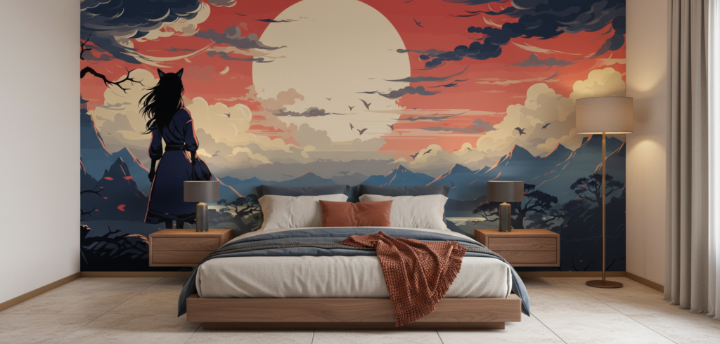 Paysage japonais coucher de soleil avec personnage traditionnel contemplant - Chambre adulte