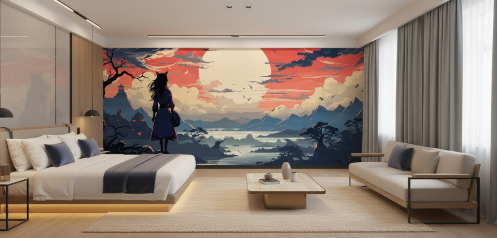 Paysage japonais coucher de soleil avec personnage traditionnel contemplant - Hôtel