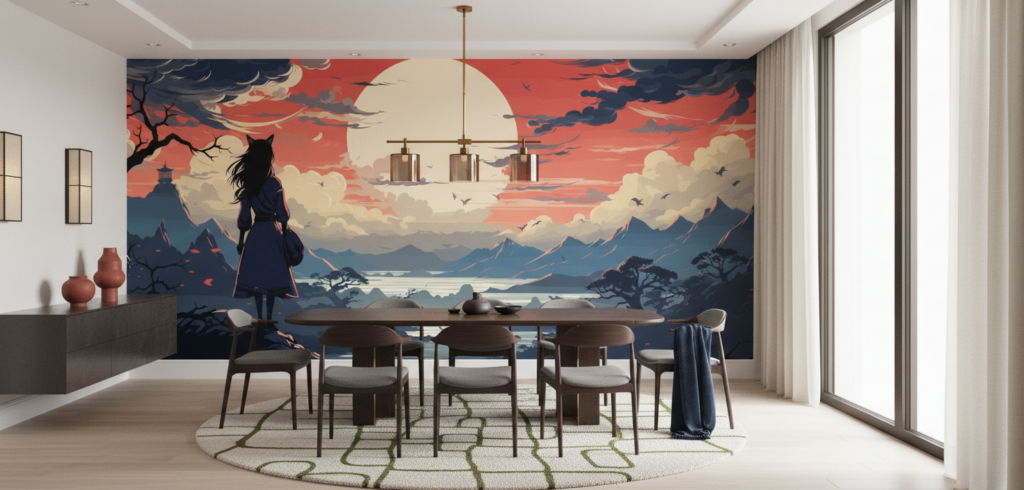 Paysage japonais coucher de soleil avec personnage traditionnel contemplant - Salle à manger