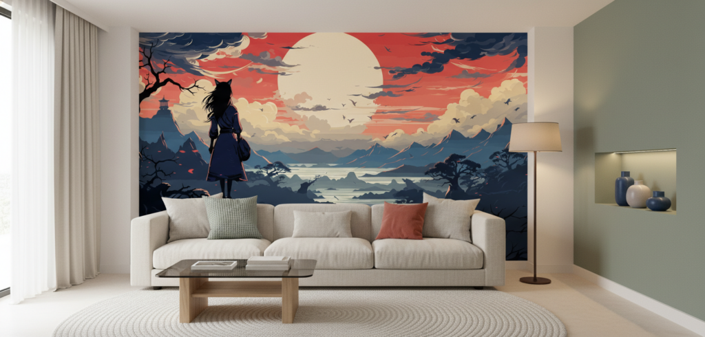 Paysage japonais coucher de soleil avec personnage traditionnel contemplant - Salon / Séjour