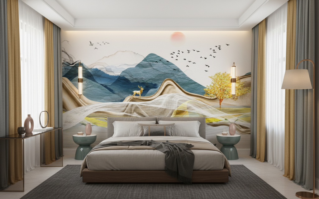 Paysage Montagnard Doré avec Cerf et Oiseaux Migrateurs - Chambre adulte