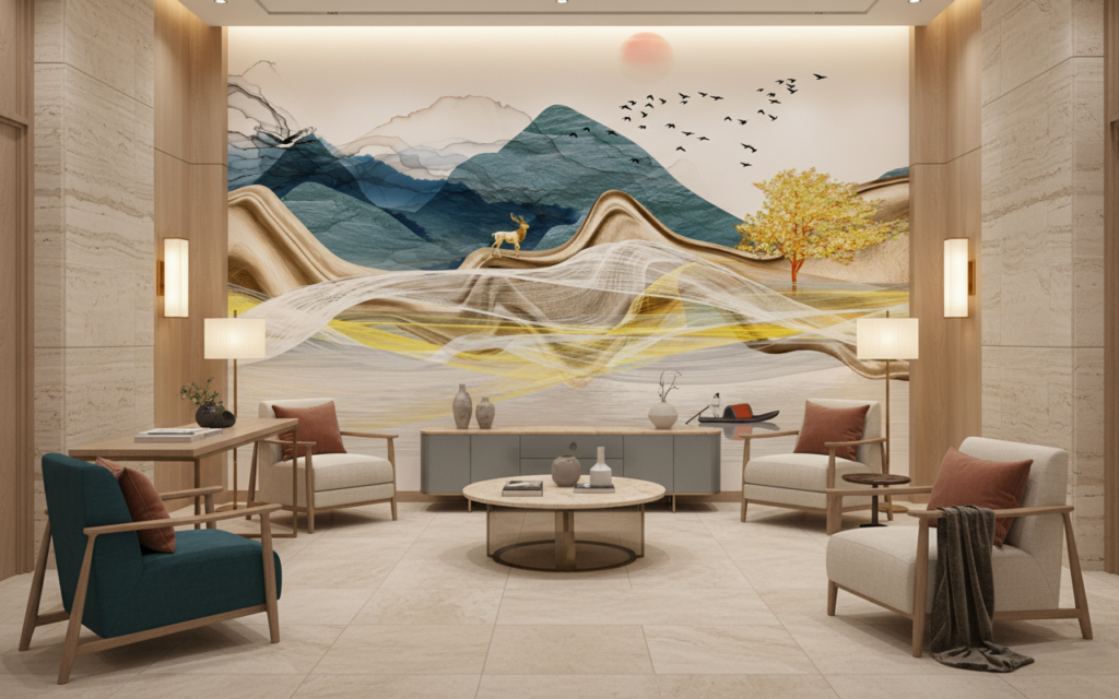 Paysage Montagnard Doré avec Cerf et Oiseaux Migrateurs - Hôtel