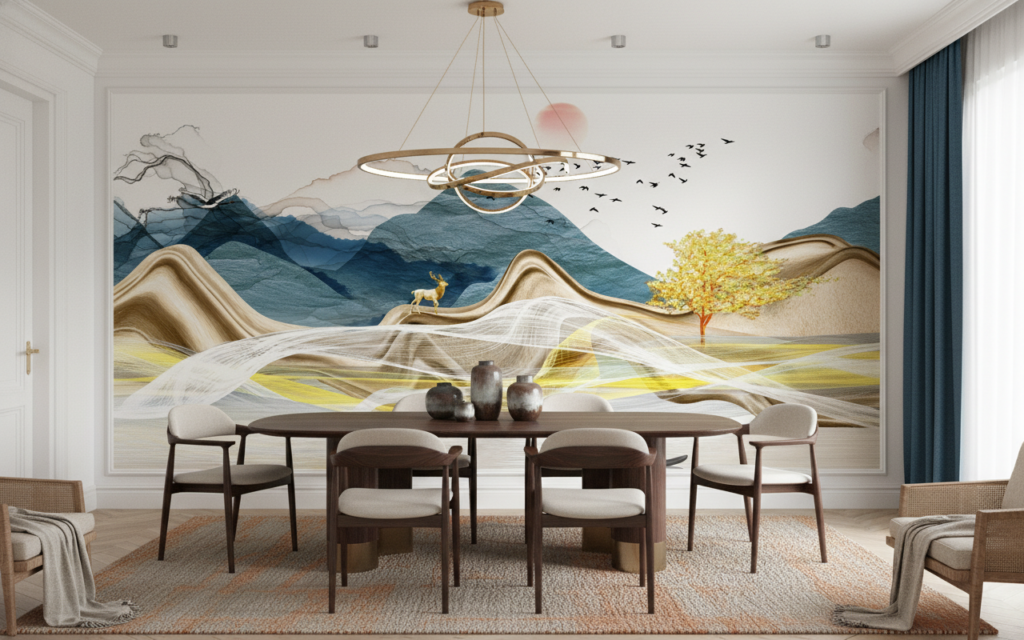 Paysage Montagnard Doré avec Cerf et Oiseaux Migrateurs - Salle à manger