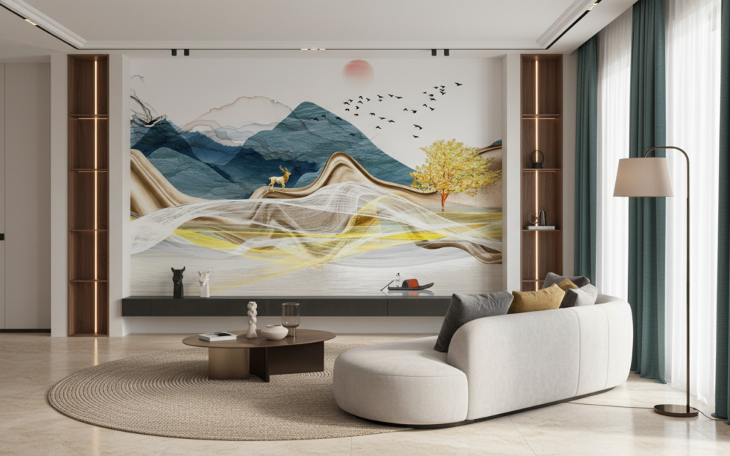 Paysage Montagnard Doré avec Cerf et Oiseaux Migrateurs - Salon / Séjour