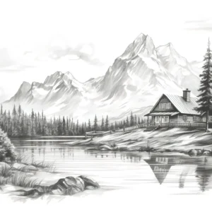 Paysage montagnard en noir et blanc avec chalet au bord du lac