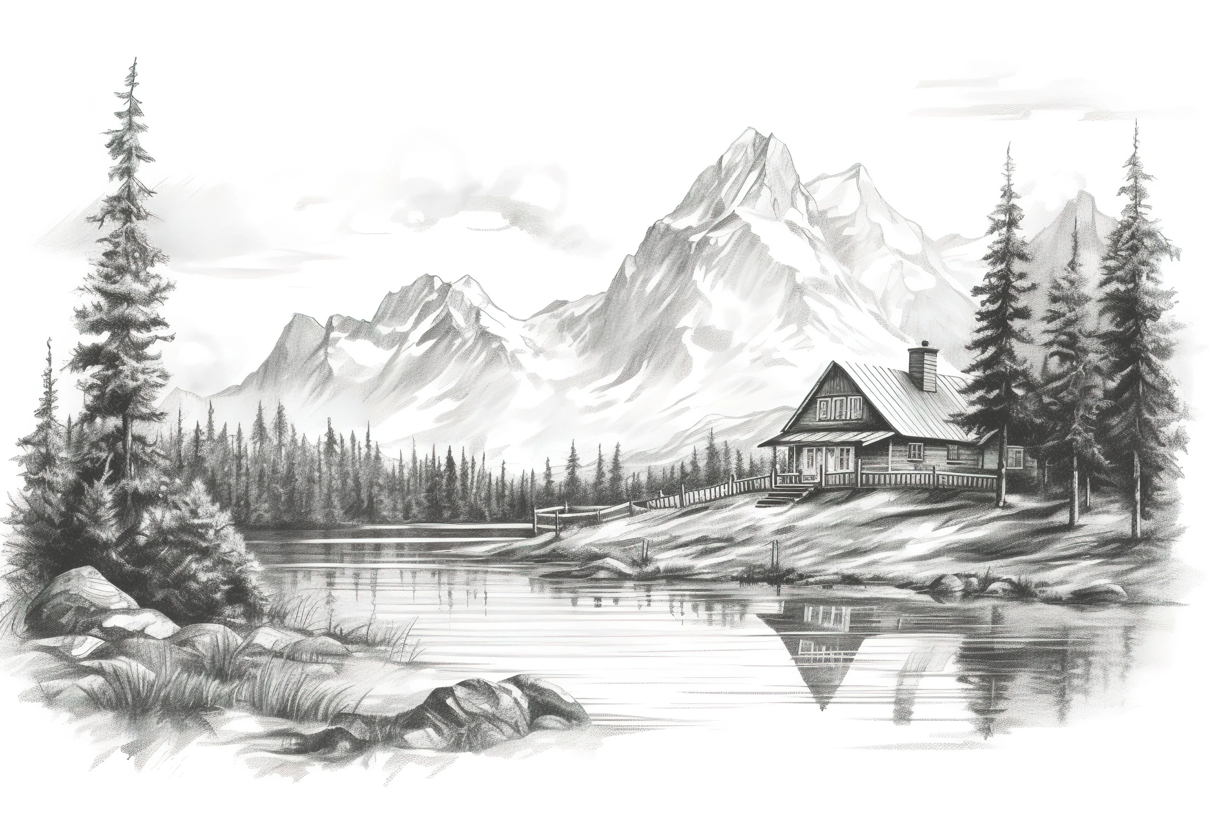 Paysage montagnard en noir et blanc avec chalet au bord du lac