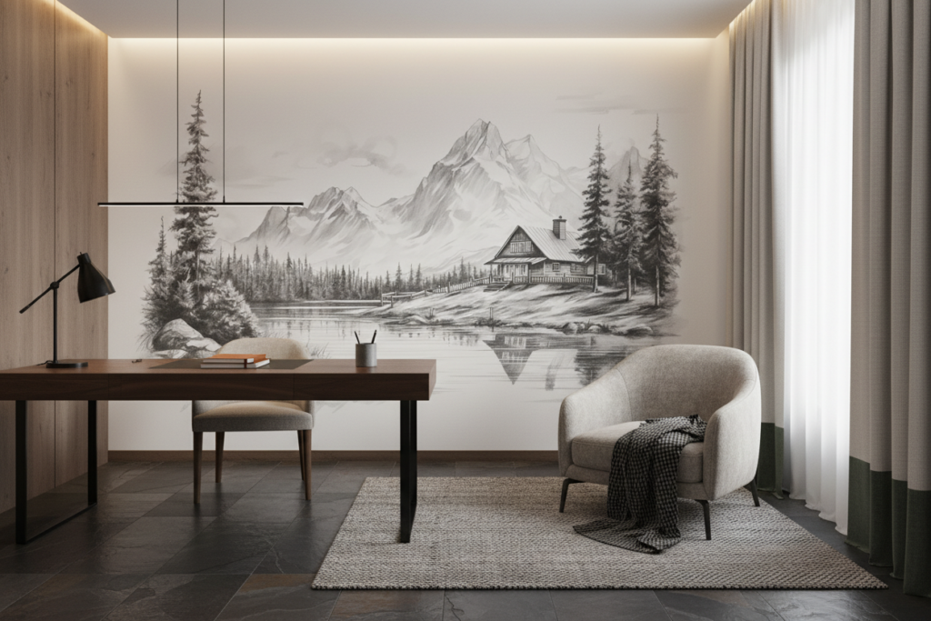 Paysage montagnard en noir et blanc avec chalet au bord du lac - Bureau