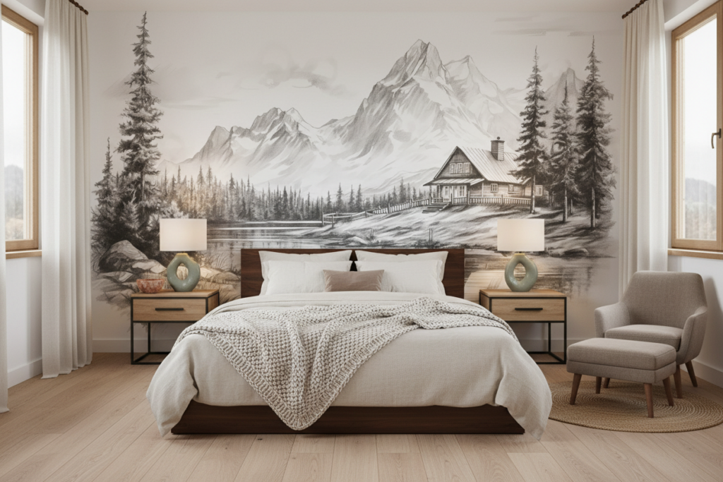 Paysage montagnard en noir et blanc avec chalet au bord du lac - Chambre adulte