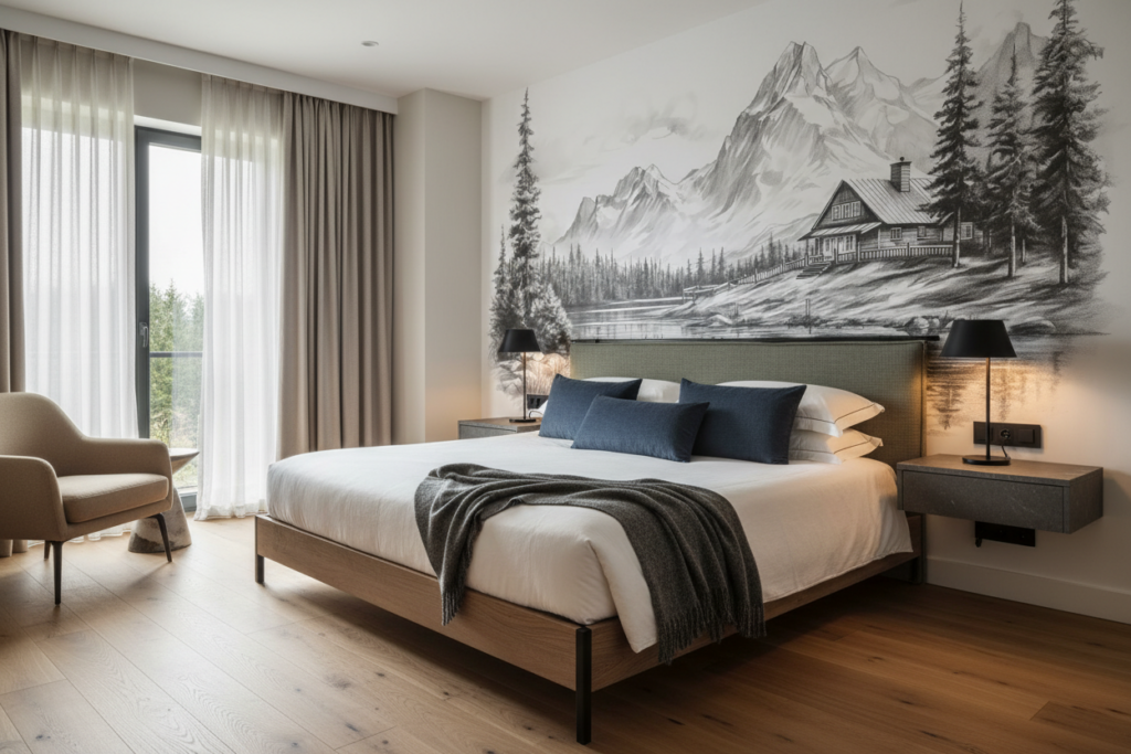 Paysage montagnard en noir et blanc avec chalet au bord du lac - Hôtel