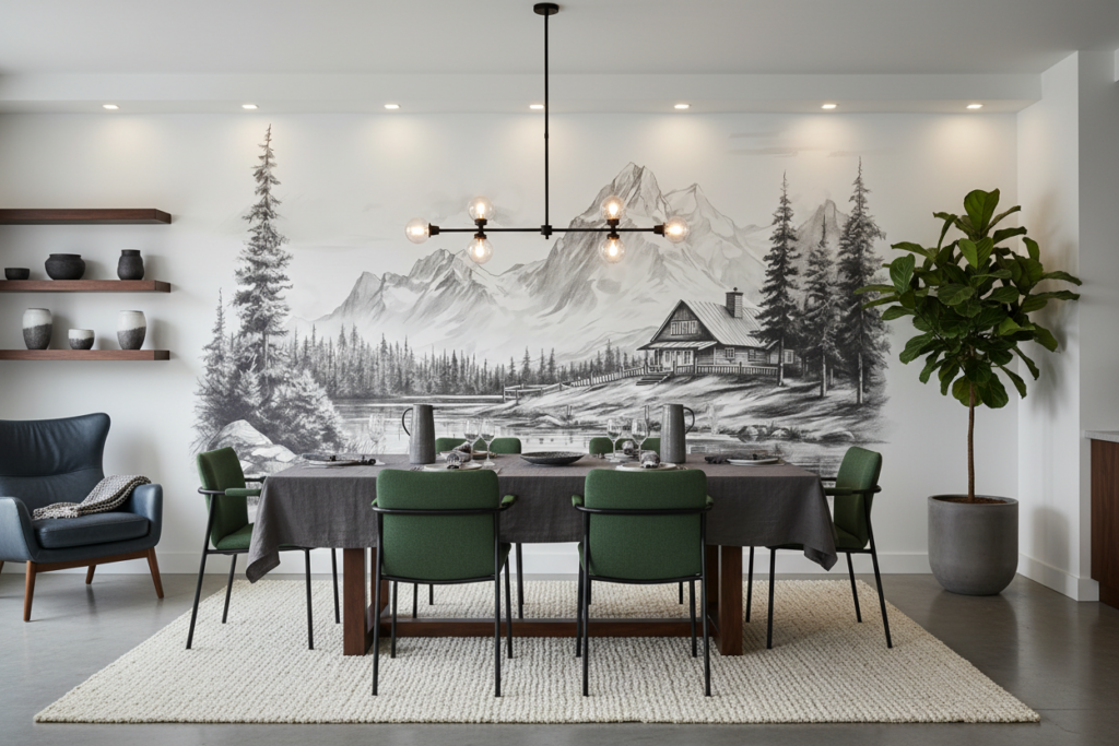 Paysage montagnard en noir et blanc avec chalet au bord du lac - Salle à manger