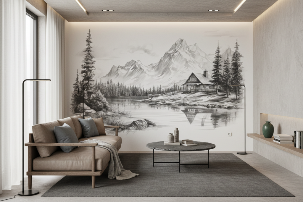 Paysage montagnard en noir et blanc avec chalet au bord du lac - Salon / Séjour