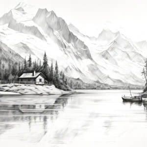 Paysage Montagnard Lac et Cabane Dessin Crayon Noir Blanc