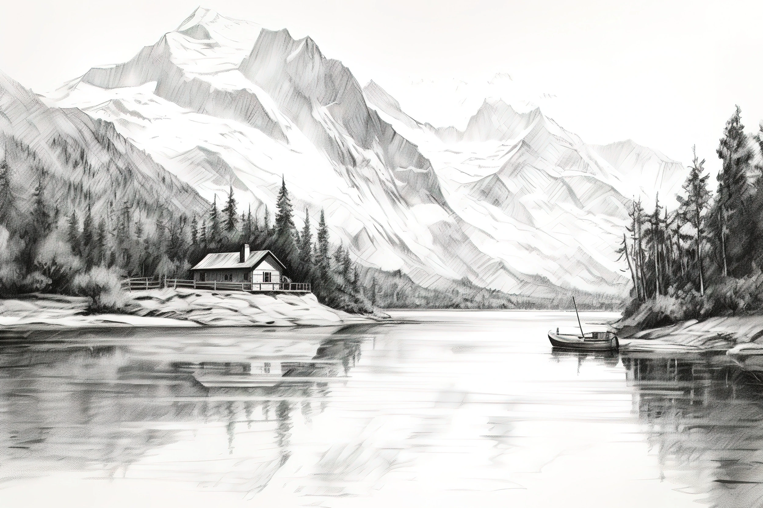 Paysage Montagnard Lac et Cabane Dessin Crayon Noir Blanc