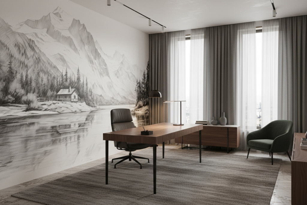 Paysage Montagnard Lac et Cabane Dessin Crayon Noir Blanc - Bureau