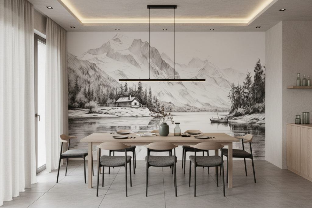 Paysage Montagnard Lac et Cabane Dessin Crayon Noir Blanc - Salle à manger