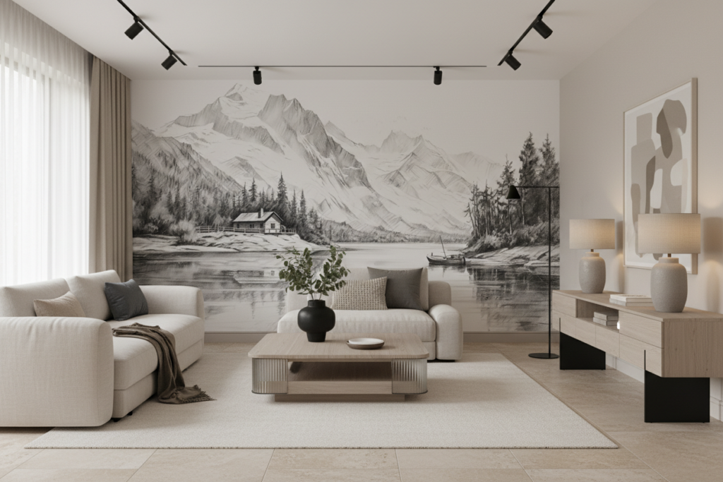 Paysage Montagnard Lac et Cabane Dessin Crayon Noir Blanc - Salon / Séjour