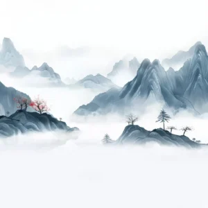 Paysage Montagneux Asiatique avec Brumes et Cerisier en Fleurs