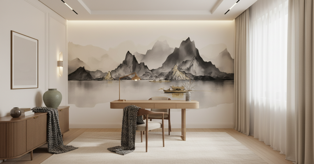 Paysage Montagneux Asiatique avec Lac et Bateau Traditionnel - Bureau