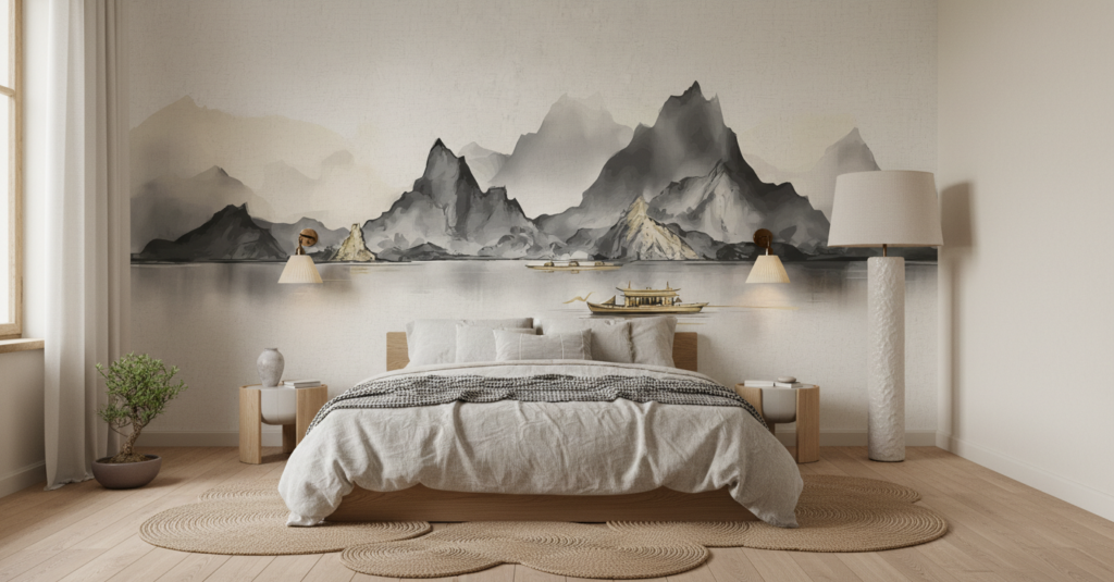 Paysage Montagneux Asiatique avec Lac et Bateau Traditionnel - Chambre adulte