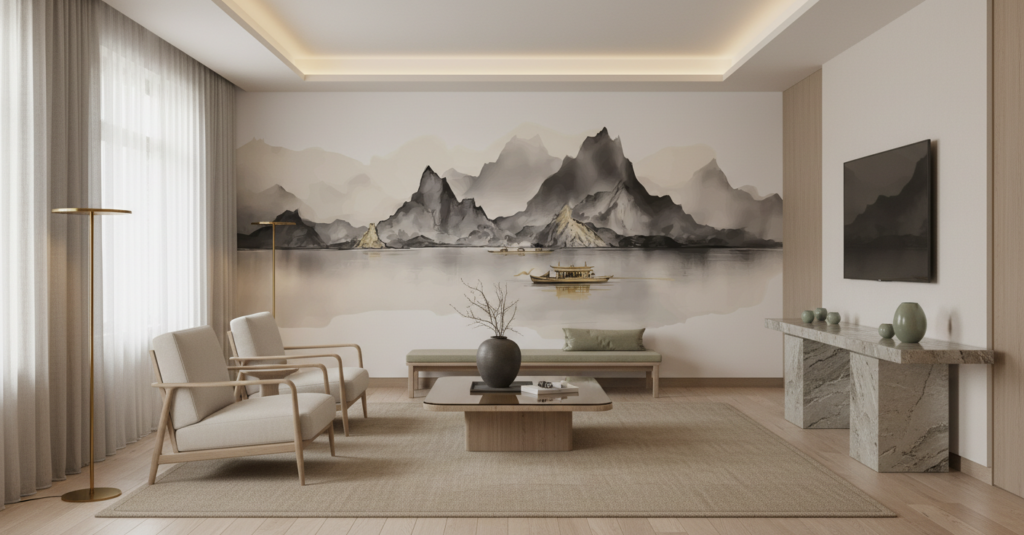 Paysage Montagneux Asiatique avec Lac et Bateau Traditionnel - Hôtel