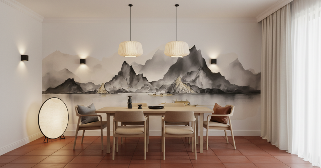 Paysage Montagneux Asiatique avec Lac et Bateau Traditionnel - Salle à manger