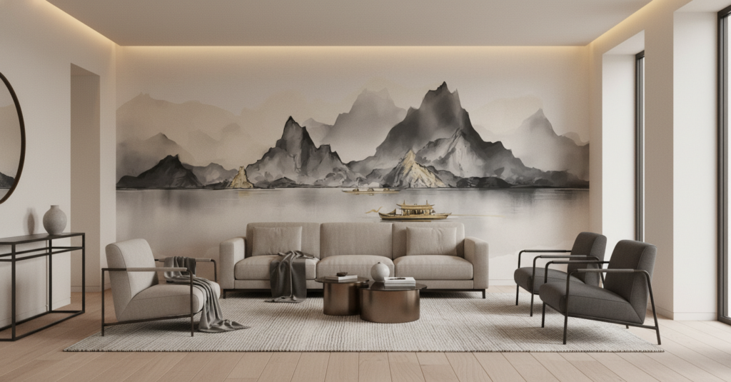 Paysage Montagneux Asiatique avec Lac et Bateau Traditionnel - Salon / Séjour