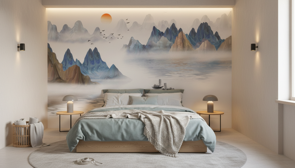 Paysage Montagneux Asiatique avec Lac et Bateaux Traditionnels - Chambre adulte