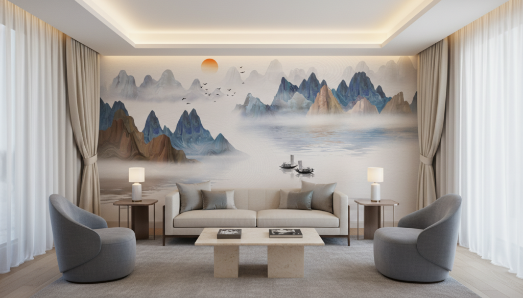 Paysage Montagneux Asiatique avec Lac et Bateaux Traditionnels - Hôtel