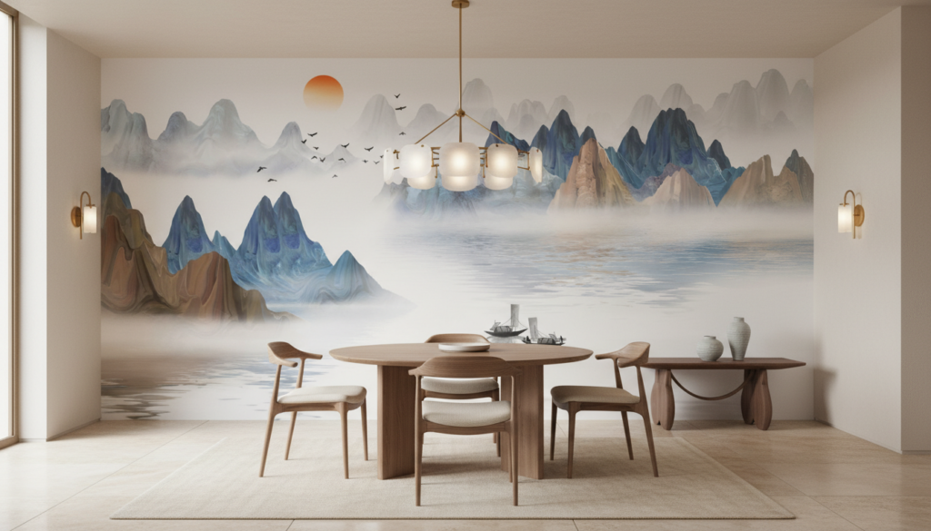 Paysage Montagneux Asiatique avec Lac et Bateaux Traditionnels - Salle à manger