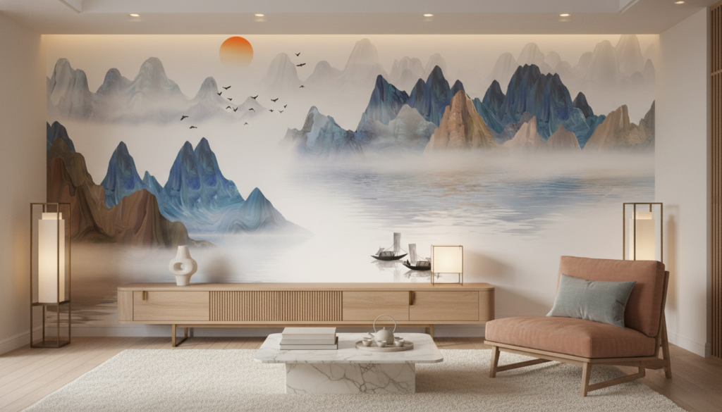 Paysage Montagneux Asiatique avec Lac et Bateaux Traditionnels - Salon / Séjour