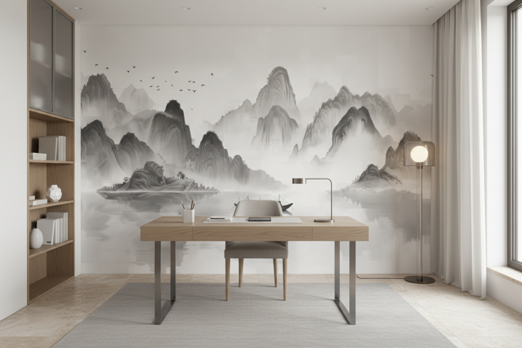 Paysage Montagneux Asiatique Brumeux avec Jonque Traditionnelle Encre - Bureau