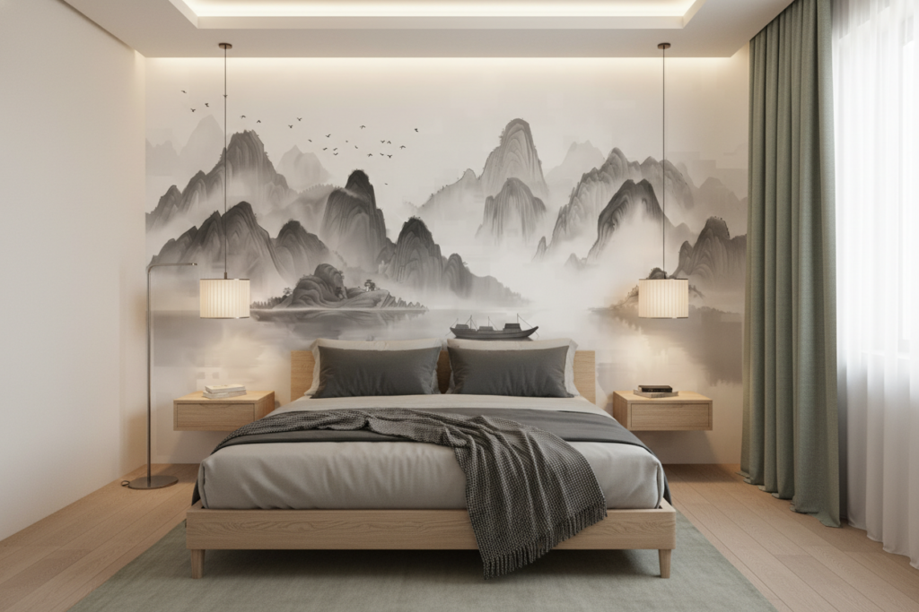 Paysage Montagneux Asiatique Brumeux avec Jonque Traditionnelle Encre - Chambre adulte