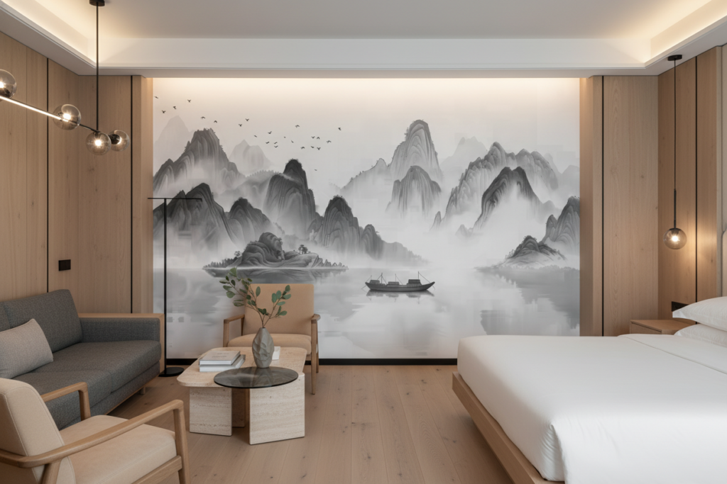 Paysage Montagneux Asiatique Brumeux avec Jonque Traditionnelle Encre - Hôtel