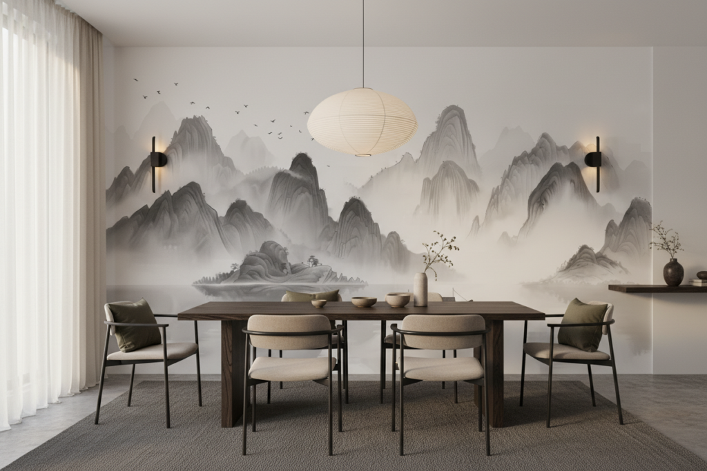 Paysage Montagneux Asiatique Brumeux avec Jonque Traditionnelle Encre - Salle à manger