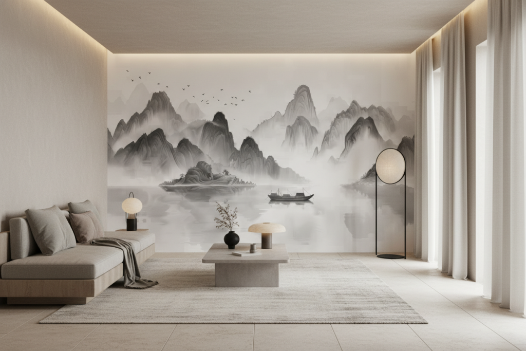 Paysage Montagneux Asiatique Brumeux avec Jonque Traditionnelle Encre - Salon / Séjour