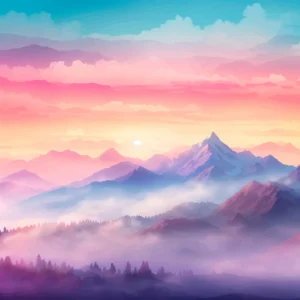 Paysage montagneux au coucher de soleil aux tons pastel dégradés