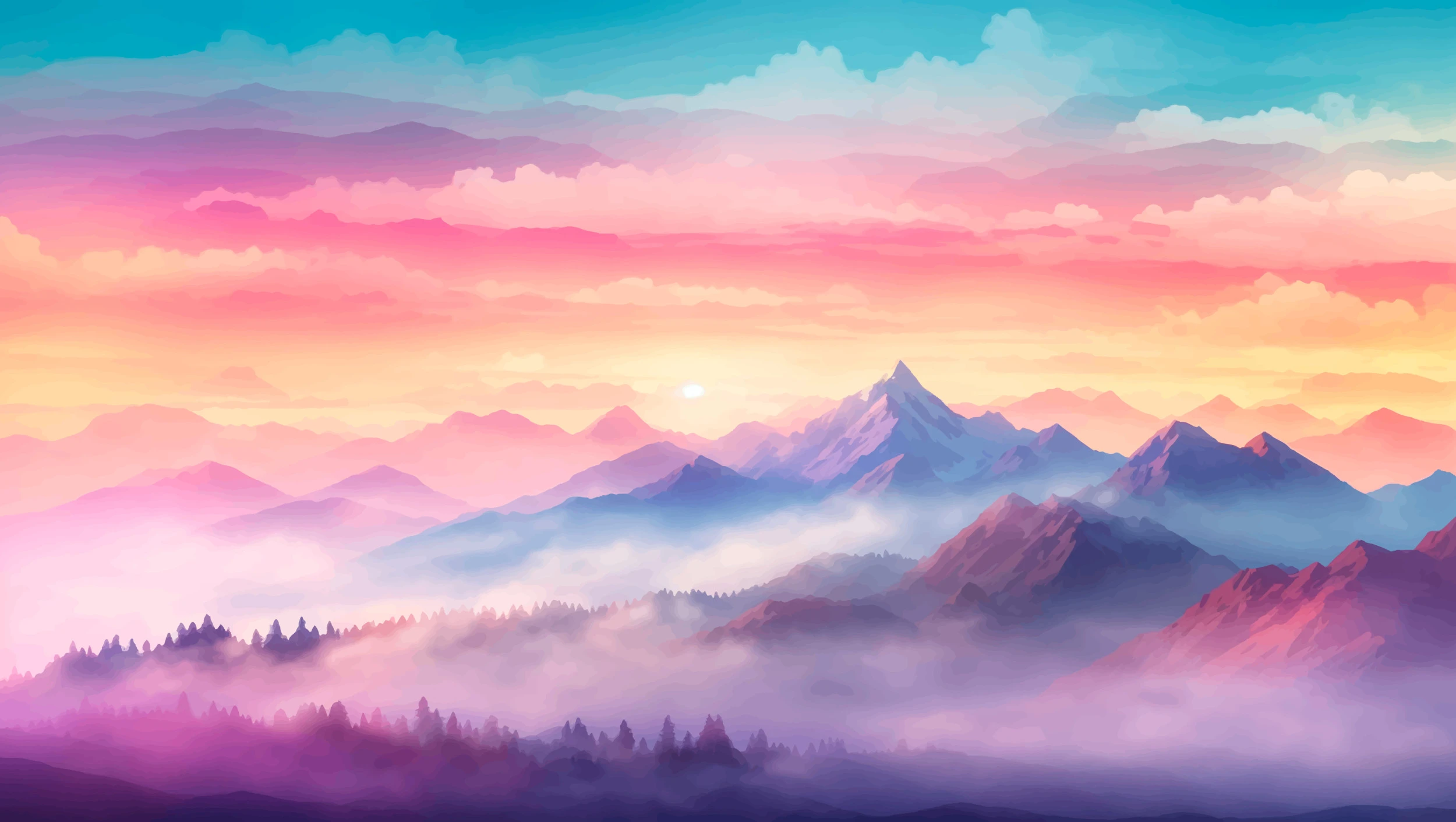 Paysage montagneux au coucher de soleil aux tons pastel dégradés