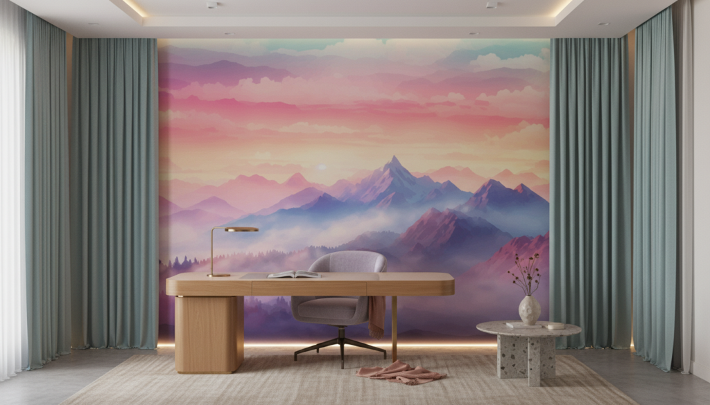 Paysage montagneux au coucher de soleil aux tons pastel dégradés - Bureau