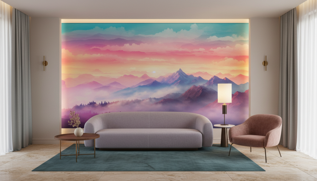 Paysage montagneux au coucher de soleil aux tons pastel dégradés - Hôtel