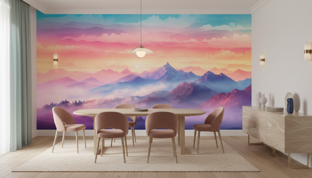 Paysage montagneux au coucher de soleil aux tons pastel dégradés - Salle à manger