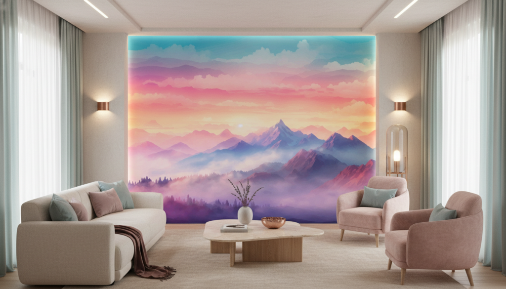 Paysage montagneux au coucher de soleil aux tons pastel dégradés - Salon / Séjour